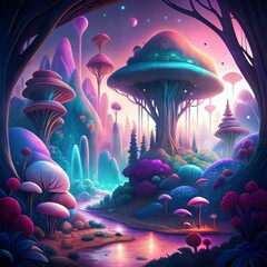 Ethereal Fantasy World with Bioluminescent Plants and Alien Terrain
