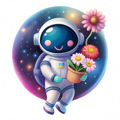 Cute Cartoon Astronaut Holding Flower in Vibrant Galaxy
