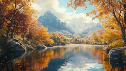 Fototapeta premium Serene Autumn Landscape with Mountain Reflections