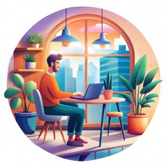 Vibrant Remote Work Illustration with Sunset City View