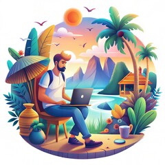 Digital Nomad Working on Laptop in Tropical Paradise