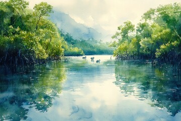 Tranquil river scene, lush greenery, serene wildlife.
