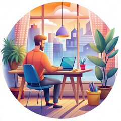 Vibrant Remote Work Illustration with Sunset City View
