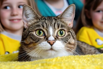 Tabby cat portrait with green eyes and two blurred children in the background