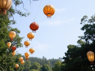 Lanterns suspended in the air above a dense forest, soft illumination, mystical atmosphere, magical ambiance