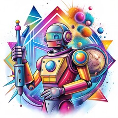 Colorful Retro Robot with Vibrant Geometric Background