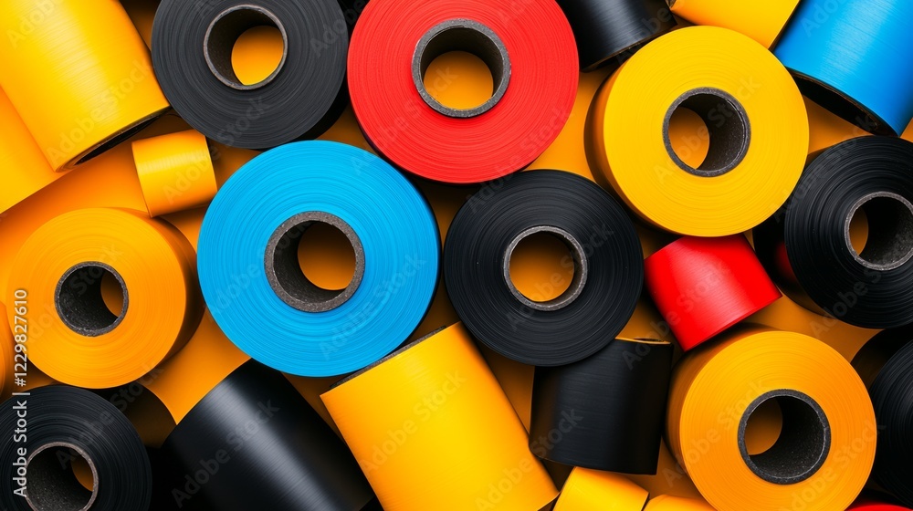 Poster bunch of colorful tape rolls are piled on top of each other. the tape rolls are of different colors 