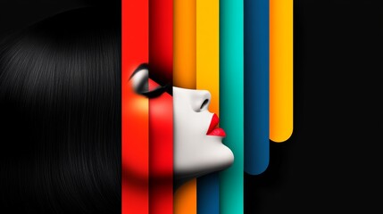 Woman's face is shown in a colorful strip of paper. The colors are red, yellow, and blue. The woman's face is the main focus of the image, and the colors of the strip emphasize her features