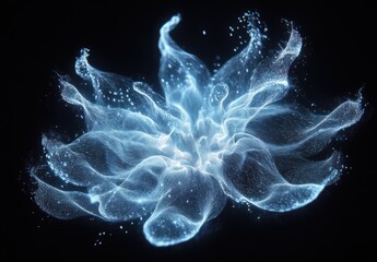 Obraz premium Ethereal Blue Flower with Swirling Light Effects on a Black Background, Creating a Magical and Fantastical Atmosphere in Digital Art