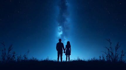 Fototapeta premium The silhouette of a pair that holds hands and look at the night blue sky with bright stars.