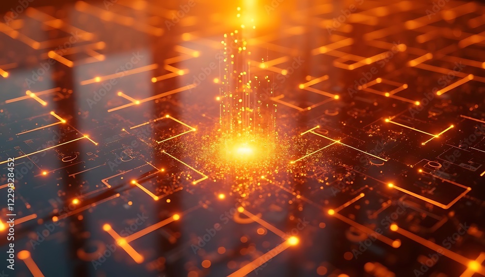 Poster glowing circuit board data stream abstract art