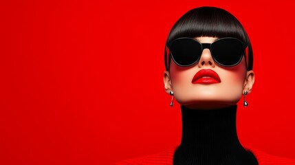 Woman wearing sunglasses and red lipstick stands in front of a red background. Concept of confidence and style, as the woman is dressed in a fashionable outfit and is posing for the camera