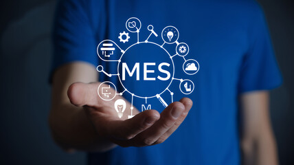 Presenting the Future of Manufacturing: A MES System Concept. Glowing icon, digital symbols, automation, industrial processes, technology, production management, smart   