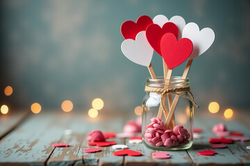 A jar filled with different heart shapes sticks, show love for valentines day, valentines day special. 