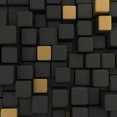 Gold cubes amidst black, abstract background
