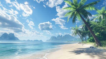 Obraz premium Serene tropical beach with tall palm trees, blue skies, and soft sand. Ideal for travel, tourism, and vacation promotions, appealing to beach lovers and travel companies.