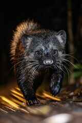 Nocturnal mammal walks, dark fur, intense gaze.