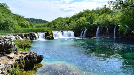 Obraz premium Serene Waterfall Landscape With Lush Greenery