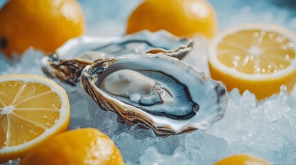 A close-up of freshly shucked oysters resting on a bed of crushed ice, accompanied by vibrant yellow lemons. The glistening seafood and icy texture create a visually appealing and luxurious gourmet pr