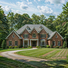 The image depicts a large brick house with a gray roof, set against a backdrop of lush greenery. There is a well-maintained lawn and a curved driveway leading up to the entrance.