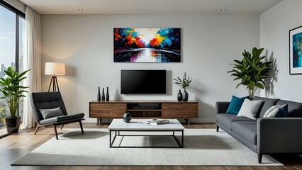 Modern living room interior design with grey sofa, armchair, wooden TV stand, and abstract artwork.