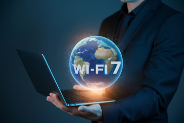 Global WiFi 7 Connectivity: Four Professionals Present Futuristic Holographic Globe, Showcasing Next-Gen Wireless Technology. High-Speed Internet Access, Worldwide