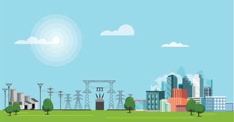 electricity plan of town &  Building vector illustration