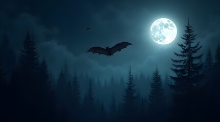 Fototapeta premium A bat flies over the forest under the full moon. The full moon in the forest, the thickening clouds above the forest and the bat.