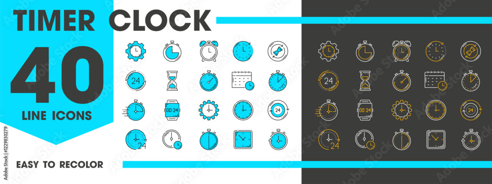 Poster Timer clock line icons. Alarm, stopwatch, watch, sand hourglass and calendar, vector time and date. 24 hours, speed, deadline countdown and time management outline symbols, watch and clock with gears