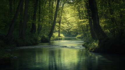 Obraz premium Serene forest stream, sunlight dappling, calm water, peaceful nature scene, ideal for relaxation