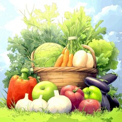 Cute farm and Anime concept. A vibrant basket of fresh vegetables and fruits against a sunny sky.