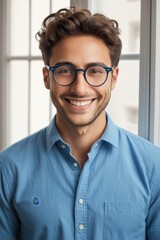 smiling man in blue shirt and glasses standing by window