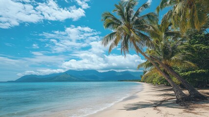 Serene tropical beach with tall palm trees, blue skies, and soft sand. Ideal for travel, tourism, and vacation promotions, appealing to beach lovers and travel companies.