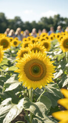 Obraz premium Sunflower field with students enjoying nature and learning about plants