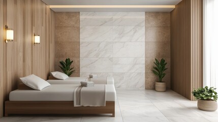 Luxury vacations with spa and relaxation. Modern bedroom with minimalist decor, wooden accents, and plants for a serene atmosphere.