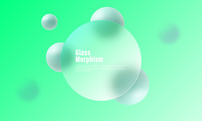 Glass morphism, transparent circle glass and floating green spheres, minimalist modern abstract background.
