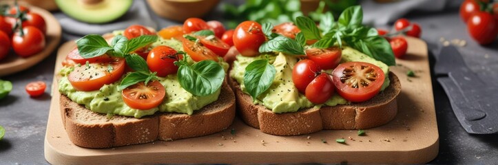 Mashed avocado on whole wheat toast with cherry tomatoes and basil leaves , greens, healthybreakfast