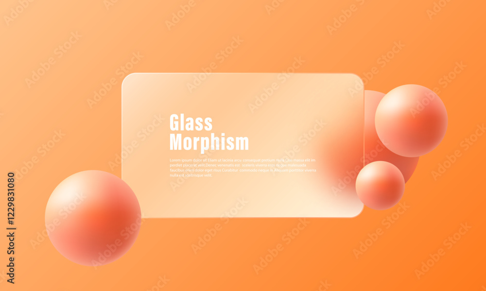Poster glass morphism website landing page template. background with glass partition and levitation spheres
