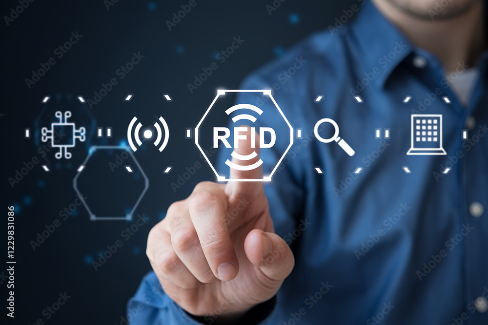 Aufkleber RFID Technology: Secure Data Identification and System Integration. Hand points to RFID icon, representing modern technology, data security, and efficient identification 