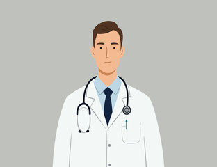 Fototapeta premium Illustration of an young male doctor in a white coat, grey background