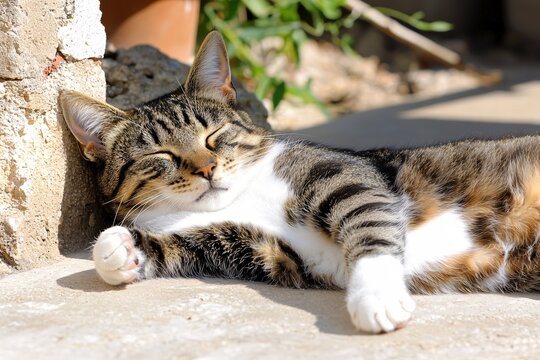 Tabby cat sleeping on a concrete surface in bright sunlight with a wall and plants in the background - Powered by Adobe