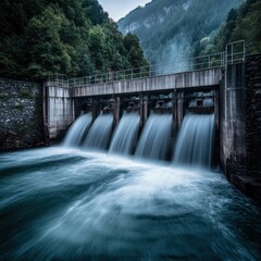 Serene Water Flow at Dam with Lush Mountains in Background