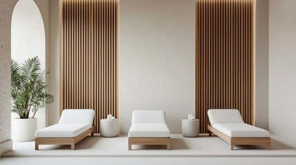 Luxury vacations with spa and relaxation. Modern spa area featuring wooden loungers and natural decor.