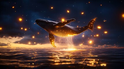 Majestic whale floats above ocean at dusk with glowing particles in a magical scene