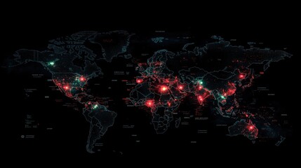 Obraz premium Global Performance Map Displaying Bright Green and Red Lights Across Continents