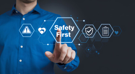 Safety First: Businessman with Compliance, Health, Warning & Verification Icons. Protecting your business, ensuring worker safety and regulatory compliance. Insurance and