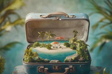 Miniature Tropical Island Vacation Packed Inside A Vintage Suitcase, Featuring Palm Trees And Beach Chairs. Generative AI