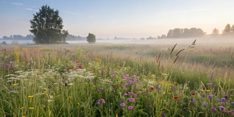 Misty meadow with wildflowers and grasses, misty, emptiness, stems, open space, petals