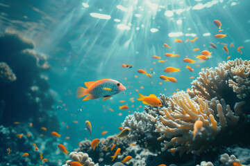 Underwater scene with a colorful coral reef and a school of vibrant fish swimming.