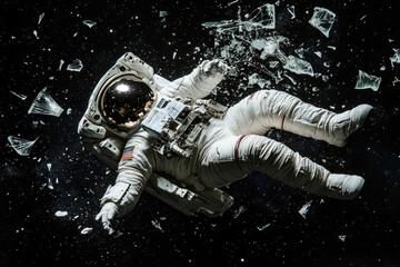 Fototapeta premium Ethereal illustration of an astronaut adrift in deep space, surrounded by shards of shattered debris against a star-filled cosmic backdrop. Perfect for sci-fi, space exploration, and existential theme